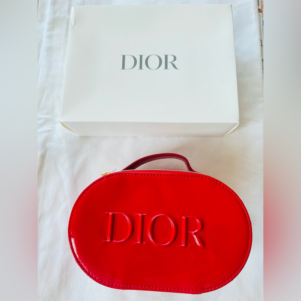 Dior Glossy Red Cosmetic Case with top handle can be converted to crossbody